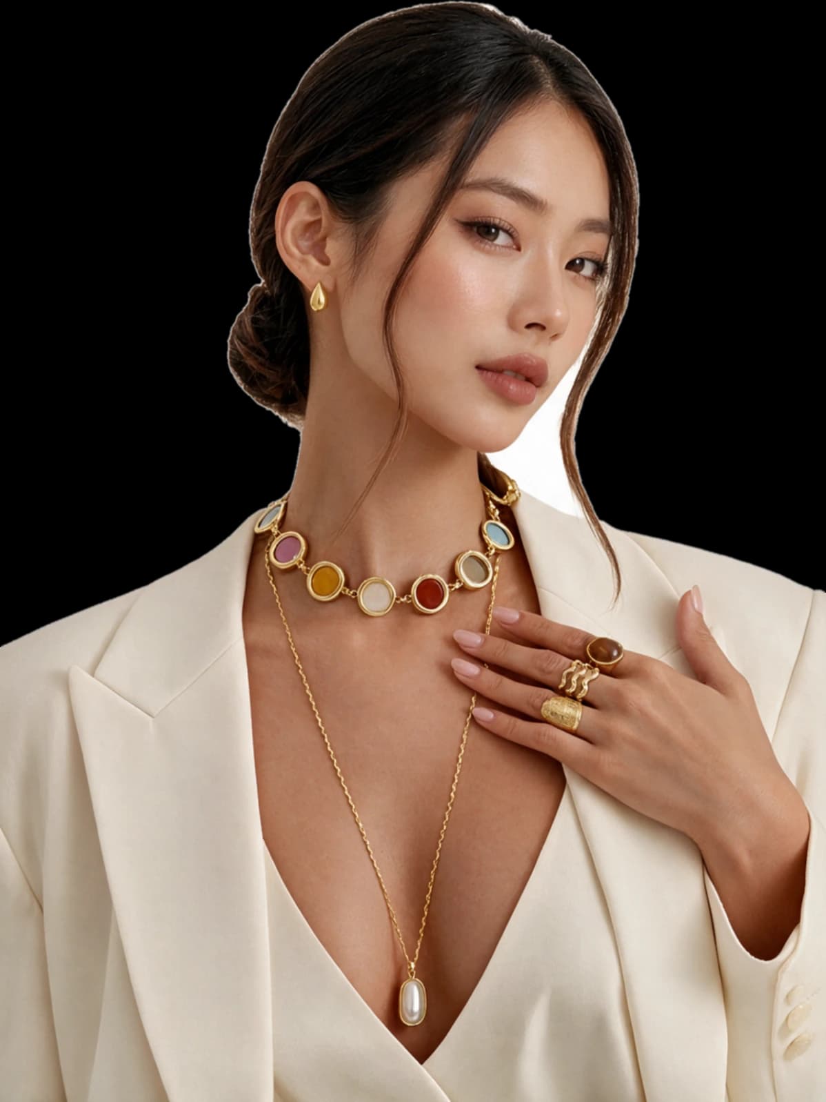 Modelo con collar, aretes y anillos de acero chapado en oro 18k