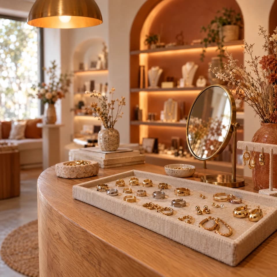 Mostrador con una charola de anillos y arracadas de acero chapado en oro 18k