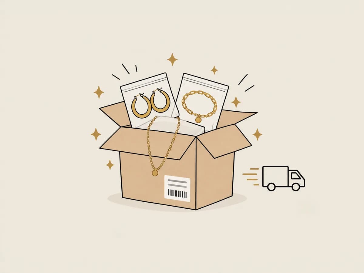 Caja de envío con la joyería empacada, lista para salir por paquetería