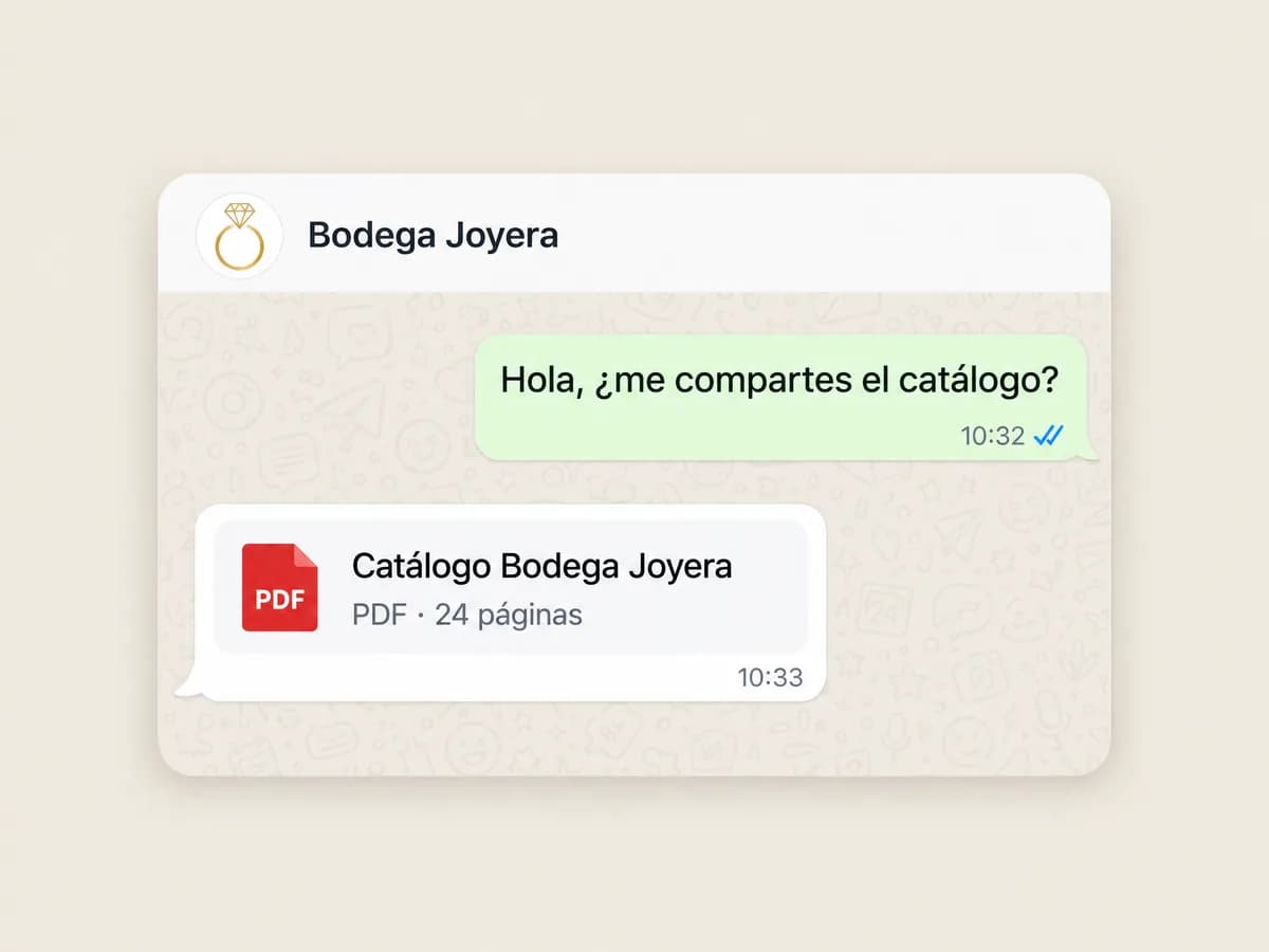 Chat de WhatsApp en el que la clienta le pide el catálogo a Bodega Joyera y recibe el PDF