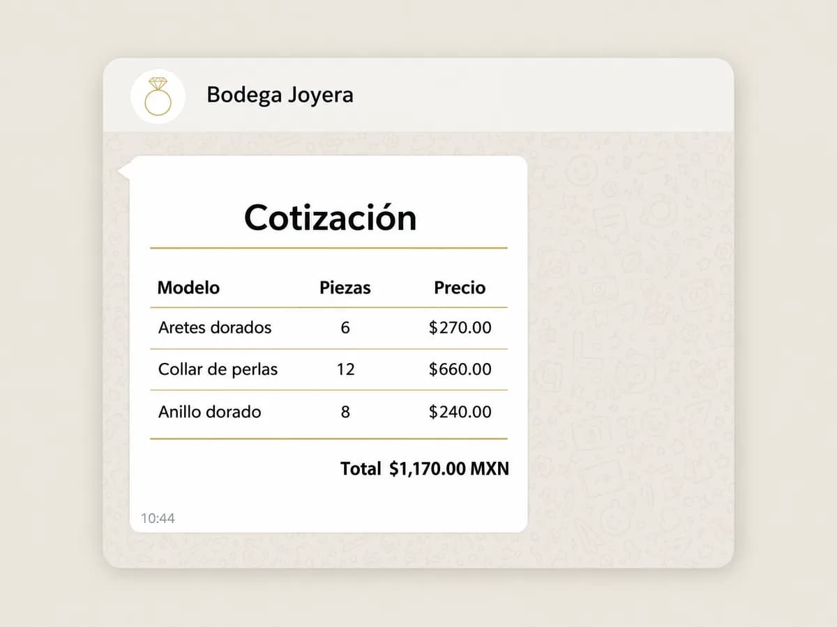 Cotización enviada por WhatsApp con los modelos, las piezas, los precios y el total en pesos