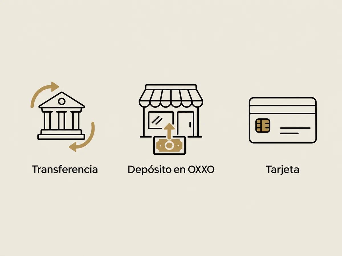 Formas de pago: transferencia, depósito en OXXO y tarjeta