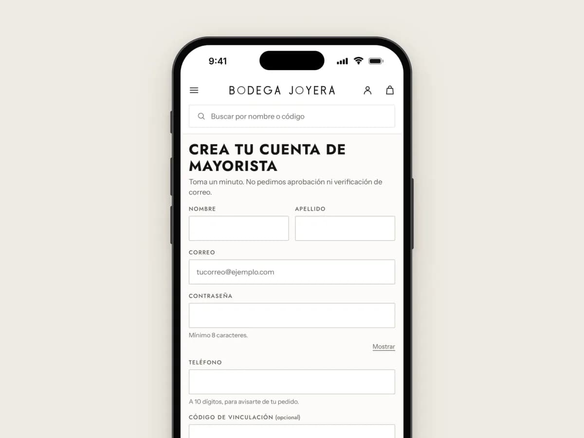Formulario de la tienda para crear tu cuenta de mayorista, en el teléfono