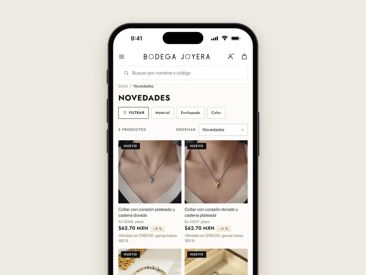Listado de novedades de la tienda con fotos, precio de mayoreo y precio sugerido de venta